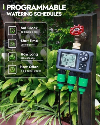 Insoma 3-Zone Sprinkler Timer with Brass Inlet + IPX5 Waterproof | Programmable Auto/Manual Irrigation Mode with Rain Delay & Large LCD | Water Hose Timer 3 Outlets for Garden, Lawn, Yard, Pool - Image 3