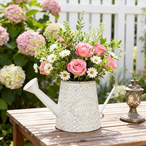 Vintage White Metal Flower & Garden Watering Can, Rustic Farmhouse Decorative Watering Pot Planter for Home Patio Backyard Outdoor Plant Care - Image 5