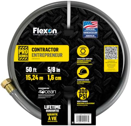 Flexon 5/8" x 50-Foot Contractor Grade Garden Hose – Heavy-Duty, Kink-Resistant, High Burst Strength, Scuff-Resistant Outer Jacket, Crush-Proof Brass Fittings, Ideal for Landscaping and Job Sites by Flexon