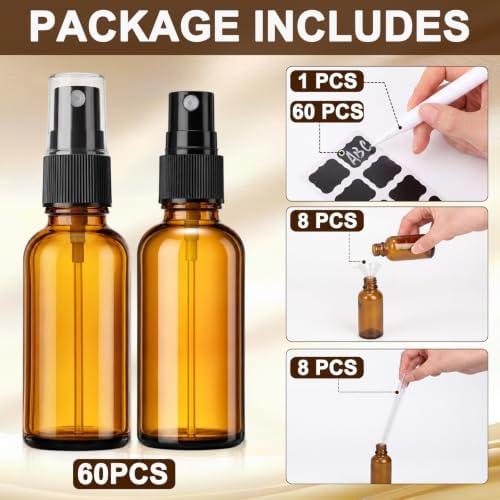 60 Pack 1oz Amber Glass Spray Bottles Portable Travel Bottles with Mini Funnel Dropper Labels and Marker Refillable Spray Bottle for Cosmetic Essential Oils Skin Care Daily Cleaning - Image 3