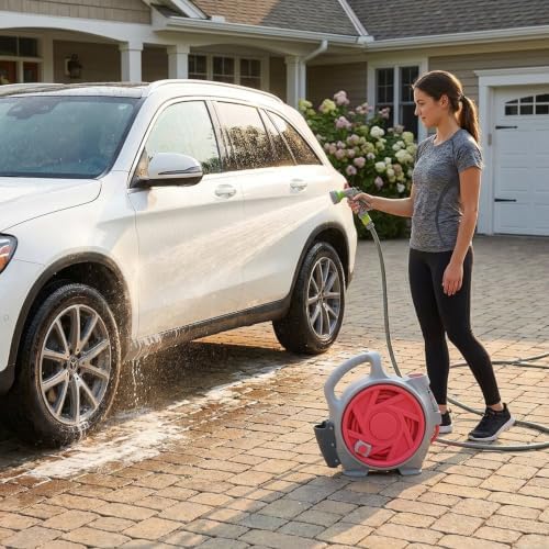 mini portable garden pipe cart, adjustable spray gun with 6 different gears, suitable for various faucets, portable water pipe truck can be used for car washing, watering plants (Pink) - Image 6