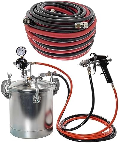 TCP Global Pressure Tank Paint Spray Gun with 1.5 Mm Nozzle 2-1/2 Gal. Pressure Pot & Spray Gun with Master Elite Series 50 Foot Air and Fluid Hose Assembly Set with Fittings by TCPGlobal