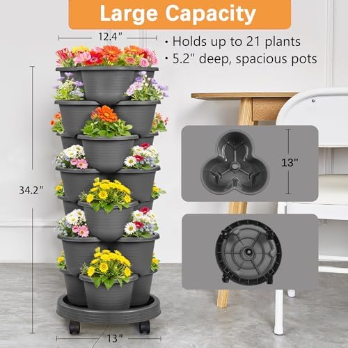 VECELO 7 Tier Vertical Garden Planter, Self Watering Stackable Planters with Wheels for Strawberries, Herbs, Flowers, Vegetables, Dark Gray - Image 5