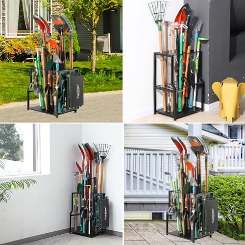 YueTong Garden Tool Organizer Heavy Duty,Yard Tool Tower Rack,Garage Storage Organization for Long Handle Tools,Rake,Brooms,Extra Hooks for Small Shovel,Shear.All Metal,Free Standing. - Image 3
