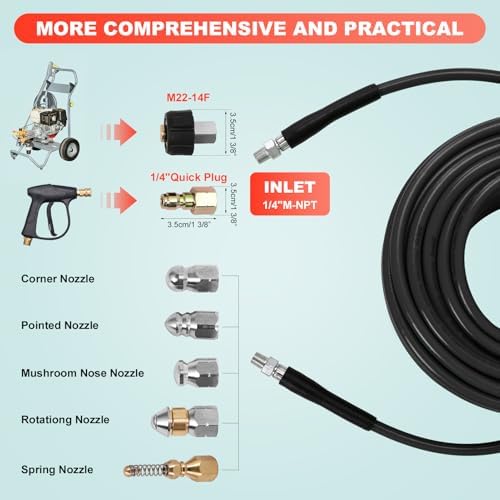 Sewer Jetter Kit for Pressure Washer,Water Jet Drain Cleaning Hose with Corner Rotating Button Spring Nose 1/4" NPT Sewer Cleaning Tool High-Pressure Nozzles,5800 PSI 100 FT - Image 3