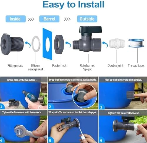 PVC Rain Barrel Diverter Kit, 3/4 Inch Valve, Spigot with Bulkhead Fitting Leak-Proof Adapter - Image 5