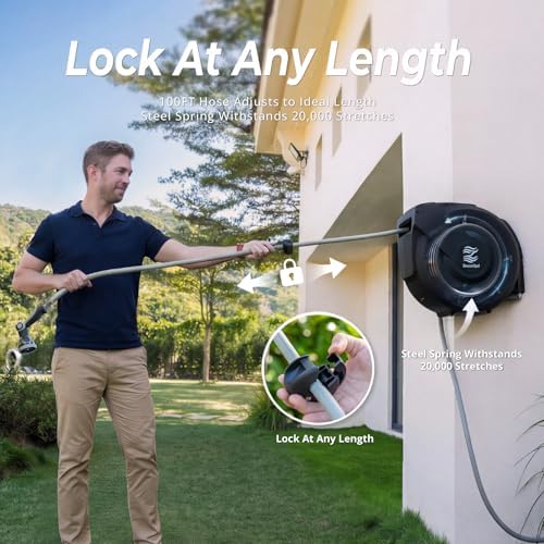 Retractable Garden Hose Reel, 5/8 in x 100ft, Heavy-Duty Aluminum Mount, Auto Rewind, Slow Retract, 180° Swivel, Any Length Lock, 10-Pattern Nozzle - Image 2