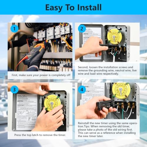 T104 Mechanical Timer Switch,208-277V AC DPST 40A,Pool Pump Switch,Heavy Duty Pool Timers Outdoor,Timer for Lights HVAC Systems,24 Hour 12 ON/Off for Pump, 6 Years Warranty - Image 4