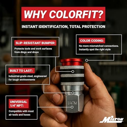 Colorfit by Milton Coupler & Plug Kit (M-Style) with Rubber Bumpers – 1/4" NPT Quick Connect Hose Fittings for Air Tools & Compressors - 14-Piece - Image 5