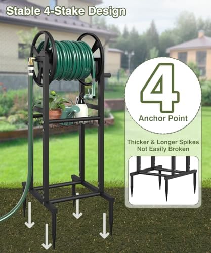 Freestanding Garden Hose Reel holds 125ft Hose of 5/8" with 4 Hooks, 4-Spike Outdoor Hose Holder with 3.9ft Leader Hose & Brass Fitting, Detachable Metal Hose Stand with Storage Rack, Black - Image 4