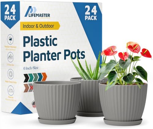 Gray 6-Inch Plant Pots with Drainage & Saucers 24 Pack, Indoor & Outdoor Planters for Houseplants, Herbs, and Flowers, Durable & Weatherproof Material, Stackable, Lightweight, Minimalist Design by LIFEMASTER