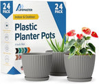 Gray 6-Inch Plant Pots with Drainage & Saucers 24 Pack, Indoor & Outdoor Planters for Houseplants, Herbs, and Flowers, Durable & Weatherproof Material, Stackable, Lightweight, Minimalist Design by LIFEMASTER