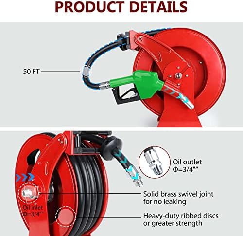 Fuel Hose Reel with Fueling Nozzle, 3/4" x 50FT Retractable Diesel Hose Reel, 300 PSI Industrial Heavy Duty Auto Swivel Rewind Hose Holder Reels, for Vehicle Tank Truck Trailer Ship - Image 2