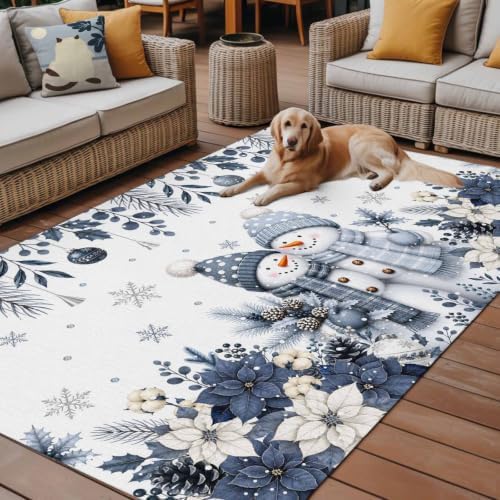 Christmas Floral 3x5 Waterproof Outdoor Rug with Non‑Slip Backing Country Blue White Poinsettia Snowmen Couple Machine Washable Deck Patio Rug Mat for Camping, RV, Garden, Balcony Pool - Image 4