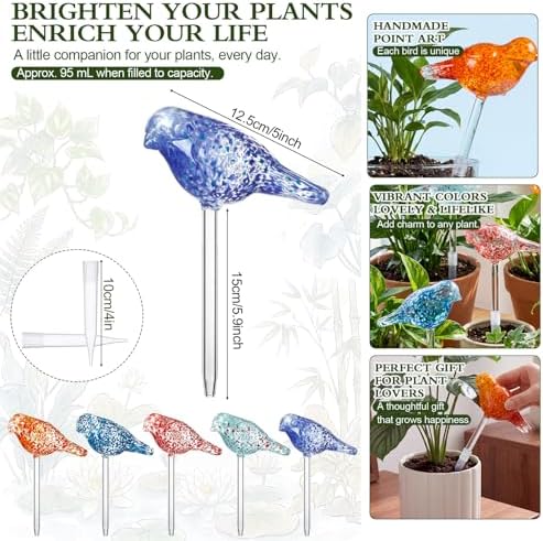 Duraaamo Self Watering Plant Globes Set of 5 - Bird Shaped Multicolor Hand Blown Glass Watering Bulbs, Automatic Plant Accessories Devices for Indoor & Outdoor Plants, Decorative Garden Stakes - Image 2
