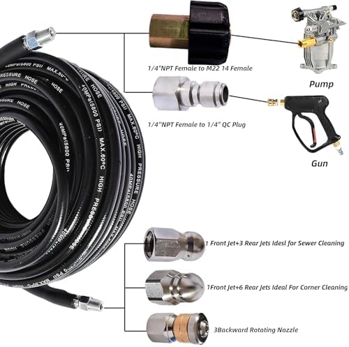 Sewer Jetter Kit for Pressure Washer 5800 PSI Drain Cleaner Hose 1/4 Female NPT,Button Nose,Pressure Washer Adapter,Button Hose Sewer Jetting Nozzle Pearl Corsage Pin Waterproof Tape with 2 Spanner - Image 2
