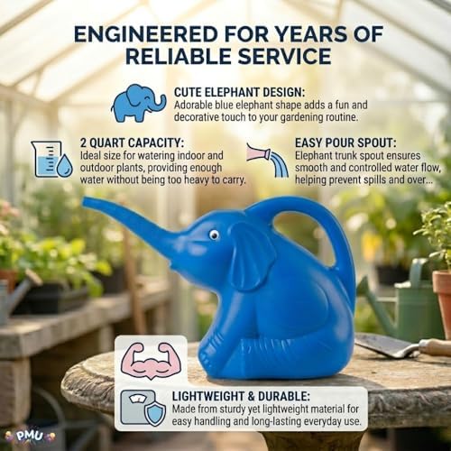 PMU 12Pcs 2-Quart Elephant Watering Can – Durable Plastic Garden Watering Can for Indoor & Outdoor Plants, Easy-Pour Spout, Large Water Pot, Blue - Image 5
