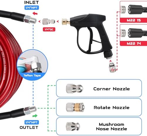 Sewer Jetter Kit for Pressure Washer 100 FT, Drain Cleaner Hose with Power Washer Gun, 1/4 Inch NPT Corner, Rotating and Button Nose Sewer Jetting Nozzle,Waterproof Tape, Pearl Corsage Pin, Spanner - Image 5