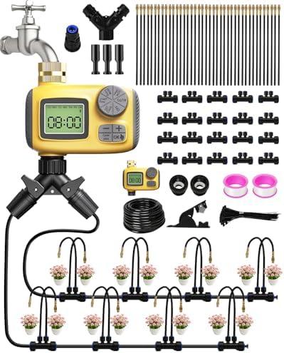 66FT Drip Irrigation System with Timer, Automatic Watering System Kit with Solid Brass Metal Connectors, 360° Dual‑Outlet Adjustable Nozzles for Garden, Yard, Lawn, Greenhouse & Potted Plants by GrowYourGreenParadise