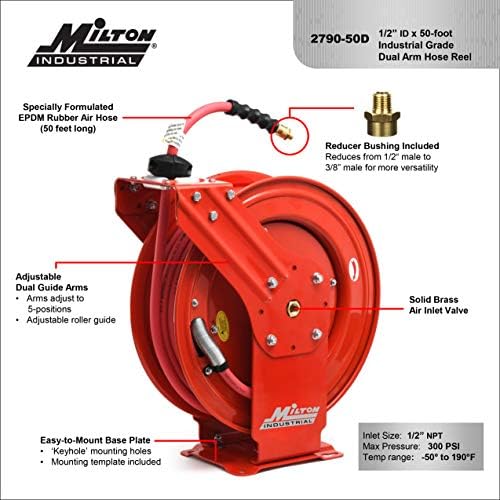 MILTON Industrial Hose Reel 2790-50D, Auto Retractable, Chemical Resistant, Prevent Cracking, Flexible in Extreme Conditions,1/2” Hose ID, 50 Foot Rubber Hose, 300 PSI Max Pressure,1/2" Male NPT, Red - Image 4