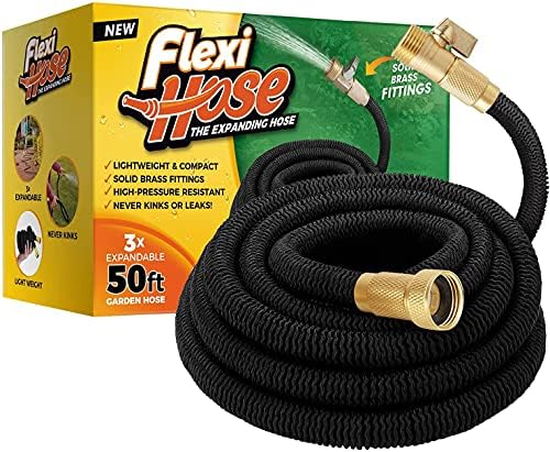 Flexi Hose Lightweight Expandable Garden Hose, 50FT - Retractable Garden Hose, Water Hose - No-Kink Flexibility, 3/4 Inch Solid Brass Fittings and Double Latex Core by FlexiHose