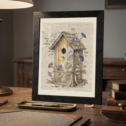 Framed Canvas Wall Art Vintage Mixed Media Birdhouse and Morning Glories Sepia Print Canvas Print Poster Black Frame Wall Decor for Bedroom Study, Cottagecore Art - 24x36 Inch - Image 7