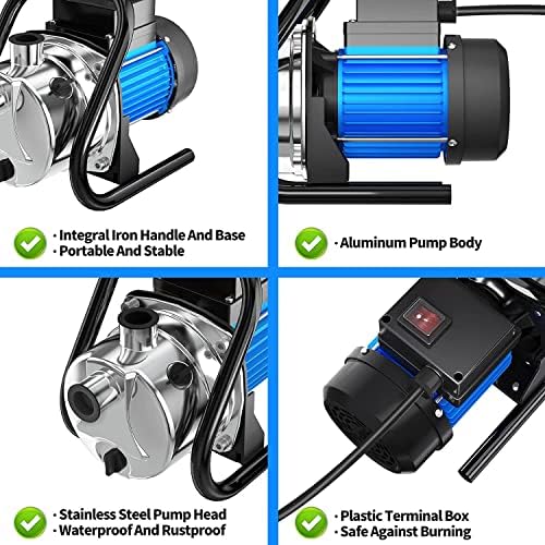 Water Transfer Pump 110V Shallow Well Pump 1.6HP 1500GPH Electric Portable Garden Pressure Booster Pumps for Pool Draining Farm Irrigation Lake Lawn Sprinkler System - Image 4