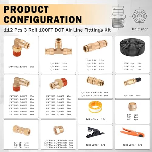 CheeMuii 112PCS Brass DOT Air Line Fittings with 3 Roll 100FT DOT Air Lines - Image 2