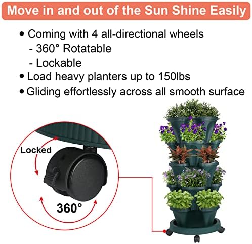 GameXcel Vertical Planter Tower - 5 Tier Stackable Garden Planters with Wheels and Tools Plant Pots for Strawberry Herb Flower and Vegetable Indoor Outdoor Use Green - Image 4