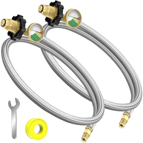 2 Packs RV Propane Pigtail Hoses, 24 Inch Stainless Steel Braided Camper Tank Hose with Gauge,Rv lp Gas Hoses Connector for Standard Two-Stage Regulator, 5-100lb,1/4" inverted male flare/POL Fitting by GardenNow