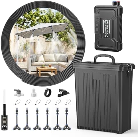 Portable Misting System with with 10000mAh Water Pump, 4 Gallon Large Bucket & 33FT PU Hose - Outdoor Water Misters for Outside Patio Cooling, Backyard, Canopy, Umbrella, Sports, Greenhouse, Camping by Unknown