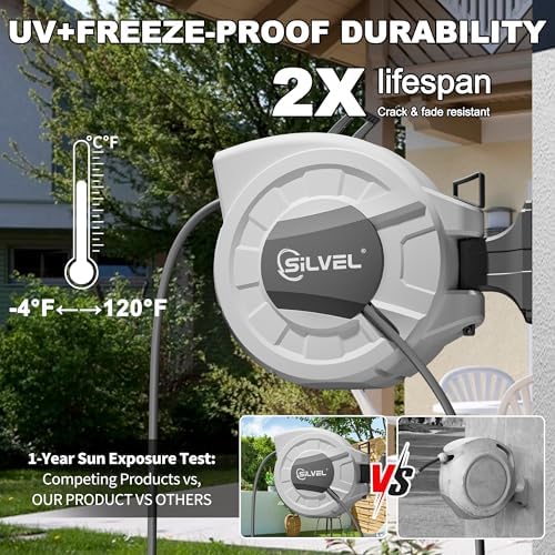 SILVEL Retractable Garden Hose Reel, 1/2 in x 110ft Wall Mount Heavy Duty Automatic Hose Reel with 10 Pattern Nozzle, Any Length Lock & Slow Return System, 180°Swivel Bracket Upgraded UV Resistant - Image 4