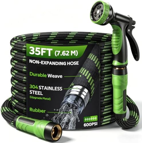 NON-EXPANDABLE Garden Hose 35 FT Water Hose with 10-Function Spray Nozzle by HEYRSUN
