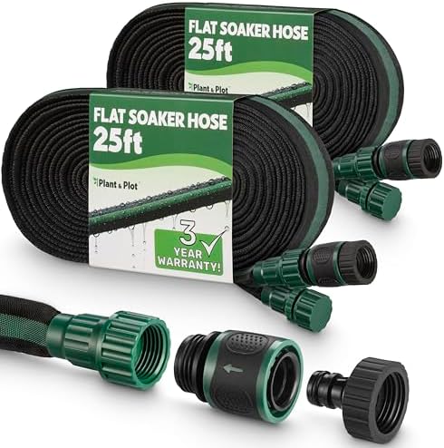 Flat Soaker Hose 50ft (25ft 2-Pack) for Garden // Drip Hose for Garden Beds, Lawns and Trees // Heavy Duty Leakproof Design with Quick Connect // Linkable Irrigation System for Vegetables and Flowers by PlantPlot
