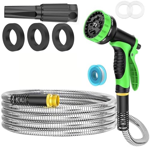 Stainless Steel Garden Hose with Multi-Function Nozzle, Suitable for Car Washing and Lawn Care, Pressure-Resistant, Puncture-Proof and Freeze-Proof (Black and green, 25 feet) by Unknown