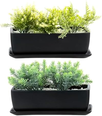 MyGift Matte Black Ceramic Indoor Plant Pot Succulent Planter, Decorative Flower Planter with Drainage Hole and Removable Tray (14 inch - 2 Pack) - Image 6