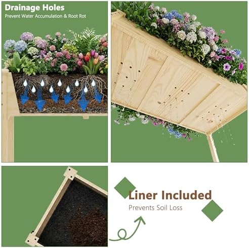 Raised Garden Bed with Legs, 48x24x30in Tall Wooden Elevated Planter Box with Liner for Flowers Vegetables Herbs, Outdoor Reinforced Large Raised Bed for Balcony/Patio/Backyard - Image 4