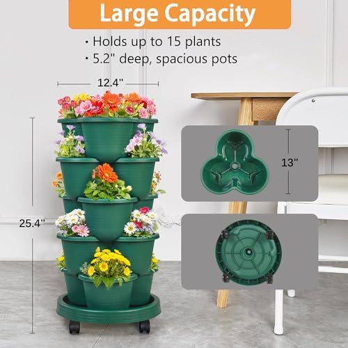 VECELO 5 Tier Vertical Garden Planter, Self Watering Stackable Planters with Wheels for Strawberries, Herbs, Flowers, Vegetables, Dark Green - Image 5