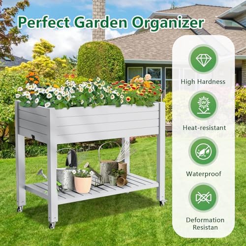 Vixzen 33.7" Tall Raised Garden Bed Outdoor with Wheels & Shelf, Divisible Resin Planter Box with Drainage Gauge, Planter Bed Box for Vegetables/Herbs, Backyard, Patio, Balcony, Ashen (33.7" H) - Image 3