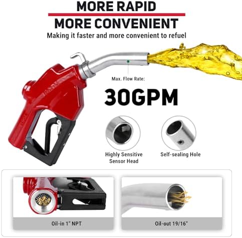 1" NPT Automatic Fuel Nozzle, Auto Shut-Off Gas Pump Nozzle Max Flow Rate 30GPM, 3-speed Padlock 19/16 Inches (OD=30mm) Spout for Gasoline, Diesel, Kerosene Biodiesel (Red) - Image 3
