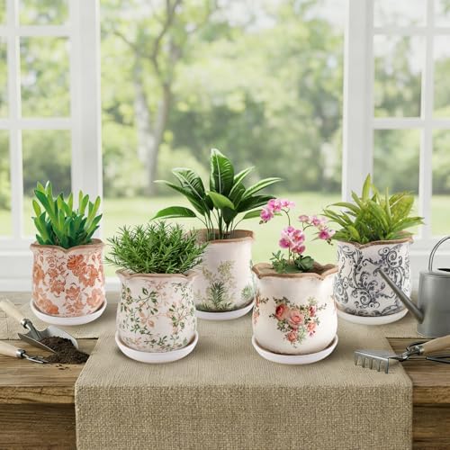 Ceramic-Planters-for-Indoor-Plants with Saucer, 6 inch Vintage Ice Crackle Glaze Plant Pots with Drainage Holes, Decorative Flower Pots for Outdoor Garden Home Decor, Tuscan Pot for Plant - Image 6