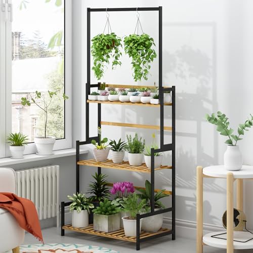 Ufine Bamboo Hanging Plant Stand 3 Tier Ladder Shelf with Hanging Rod - Image 2