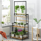 Ufine Bamboo Hanging Plant Stand 3 Tier Ladder Shelf with Hanging Rod - Image 2