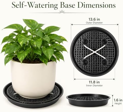 Self Watering Plant Saucers 4 Pack, 13.6 Inch Plastic Plant Saucers with Raised Grid Platforms and 8 Wicking Ropes, for Plant Pots, Fabric Grow Bags, Indoor and Patio Planters, Black - Image 4
