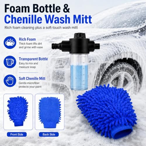 2026 Upgraded High Pressure Jet Nozzle Power Washer for Garden Hose, Water Jet Sprayer Wand with Foam Bottle, 3 Connectors and Chenille Wash Mitt for Car Washing, Patio, Lawn, Garden - Image 4