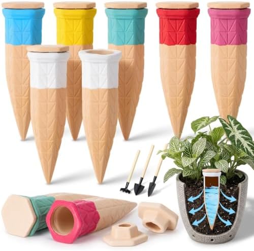 6 Pack Terracotta Watering Spikes with Lids and 3 Shovels Plant Watering Devices Wine Bottle Automatic Plant Slow Release Self Planting Stakes for 5”-9” Pots(4.92 x 1.57 x 1.57 Inches) by Ferrochef