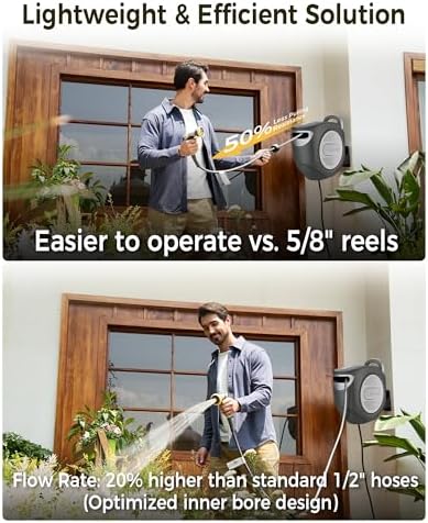 GLAHODEN Retractable Garden Hose Reel 1/2 in x 130 ft with Metal Bracket, 2026 Upgraded Dual Ratchet Lock UV & Freeze Protection Brass Seal Slow Retraction Anti-Tangle 180 Swivel - Image 5