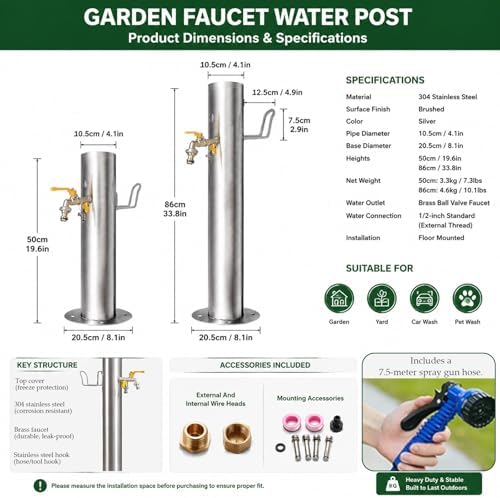 Stainless Steel Outdoor Water Column with Double Faucet, Freestanding Garden Water Column for Hose Connection, Outdoor Vertical Garden Water Column with Hose Holder for Patio, Irrigation - Image 7