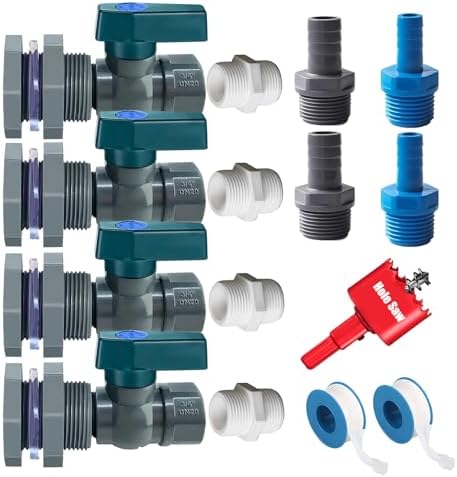 Rain Barrel Spigot Kit with Hole Saw 4 Pcs PVC Bulkhead Fitting, Ball Valve, Garden Hose Male Threaded Adapter, Barb Adapter, Thread Seal Tape (3/4 Inch) by Yummiman