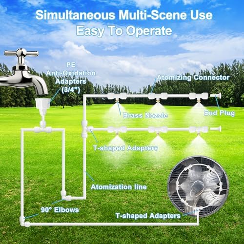 Misting Systems White, Outside Patio Misters, 100FT Misting Cooling System+30 Brass Mister System+2 PE Antioxidant Adapters 3/4"+2 Tee Adapters+2 90 Degree Elbows for Pasture&Garden&Gazebo (White) - Image 4